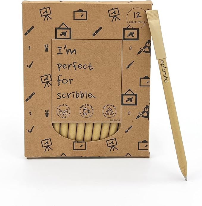 eplanita I’M PERFECT FOR SCRIBBLE – Eco Friendly Pens (Pack of 12), Black Ink Ballpoint Biros, Sustainable Stationary Supplies, For Office or School, One Tree Planted