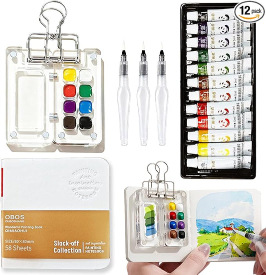 Mini Watercolor Paint Set Portable, Travel Grid Paint Palette Box with Binder Clips Include 12 Colours, Brush*3 and Picture Album Art Materials Coloring Markers for Travel, Creative Drawing Kit for Beginners and Art Enthusiasts