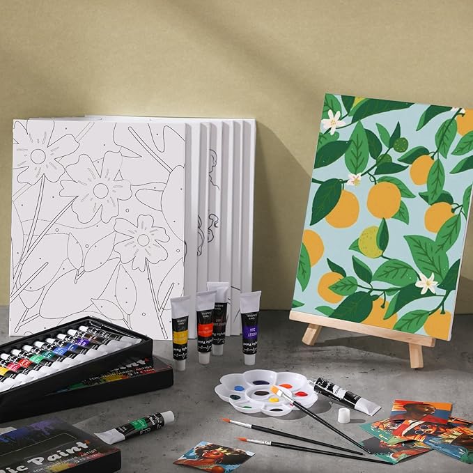Cholemy 36 Pcs Paint and Sip Kit for Adults 8''x10'' Pre Drawn Canvas for Painting DIY Afro Acrylic Painting Kit Wood Easel Brushes Date Night Bulk for Father's Day Party Gifts(Flowering)