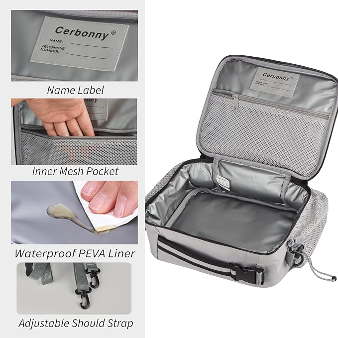 Cerbonny Kids Lunch Box, Gray, Unisex, Polyester, With Insulated Interior, Four Carrying Options, and Big Capacity