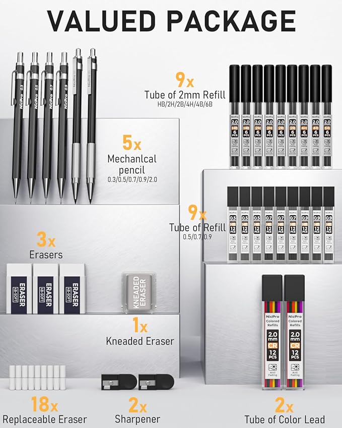 Nicpro 34PCS Black Art Mechanical Pencils Set, Metal Automatic Pencil 0.3, 0.5, 0.7, 0.9 mm & 2PCS 2mm Lead Holder (6B 4B 2B HB 2H 4H Colors) For Sketching Drawing With 19 Tube Lead Refills Case