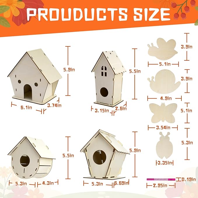 DoodleDoo 8 Pack Bird House & Wind Chime Kits, Buildable Birdhouse DIY Crafts for Kids Ages 4-8 8-12, 3+ Summer Arts and Craft for Children Boy Girl to Build, Valentine's Day Gift