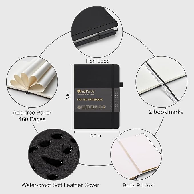 &And Per Se Dotted Journal Notebook, A5 Hardcover Dotted Notebook, 160 Pages 100GSM Thick Paper Dot Grid Journal with Fineliner Pen (Black)