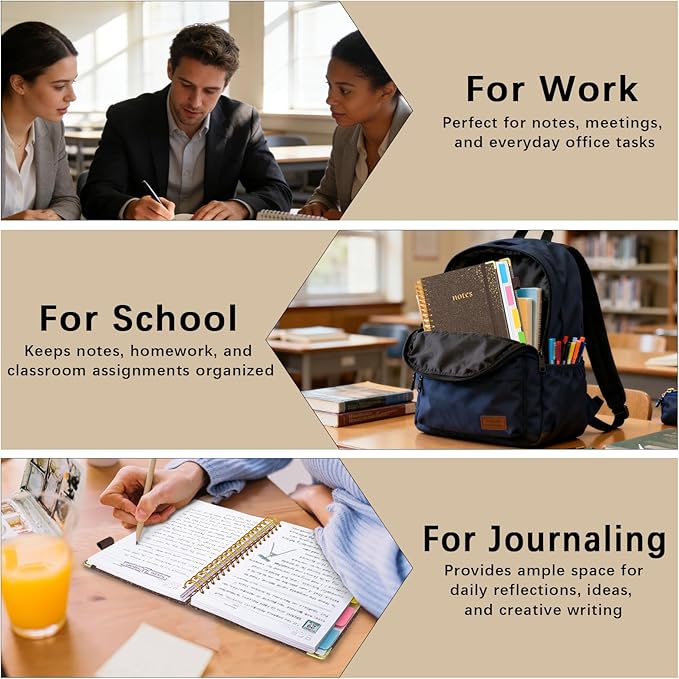 Hardcover Spiral Notebook with Removable Dividers & Tabs, 8.5"x11" 5 Subject Notebooks for Work, 300 Pages College Ruled Notebook, A4 Sparkle Lined Journal for Women Girls Note-Taking (Brown)