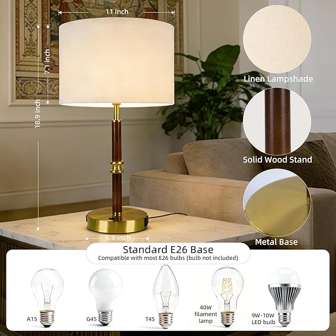 Table Lamp for Bedroom with Dual USB Ports, 19.3" Wood & Metal Mid Century Lamps Table Lamp for Living Room, Bedside Table Lamp with Linen Shade, Home Decor (Bulb Not Included)