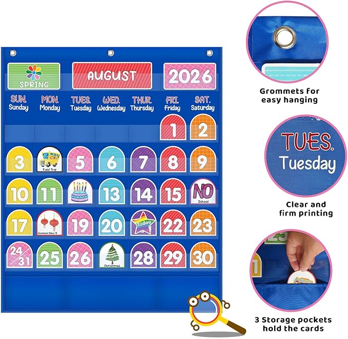 Mewise Monthly Calendar Pocket Chart with 92 Activity Cards for Kids,Simplified Calendar Pocket Chart for Kids Easy Learning,Classroom/Teacher Must Have Supplies/School Decor (Blue English)