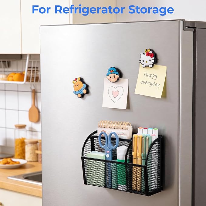 M&G Magnetic Pen Holder Dry Erase Marker Holder, Strong Magnet Metal Mesh Pencil Holder for Whiteboard, Refrigerator and Locker, 3 Compartments Magnetic Basket Organizer, Black