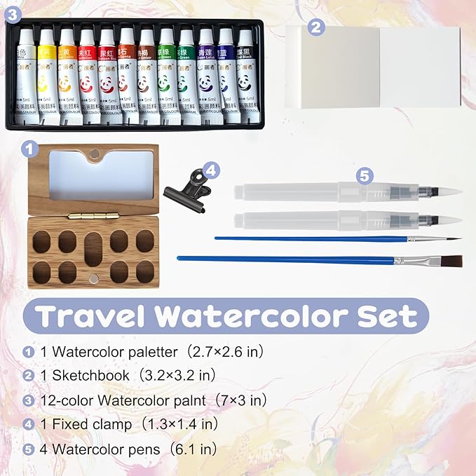Mini Watercolor Paint Set，Travel Watercolor Set，Portable Watercolor Kit，Pocket Artist Water Color Travel Set with Include Paint, Brush and Picture Album for Beginners Artists Painting Enthusiasts