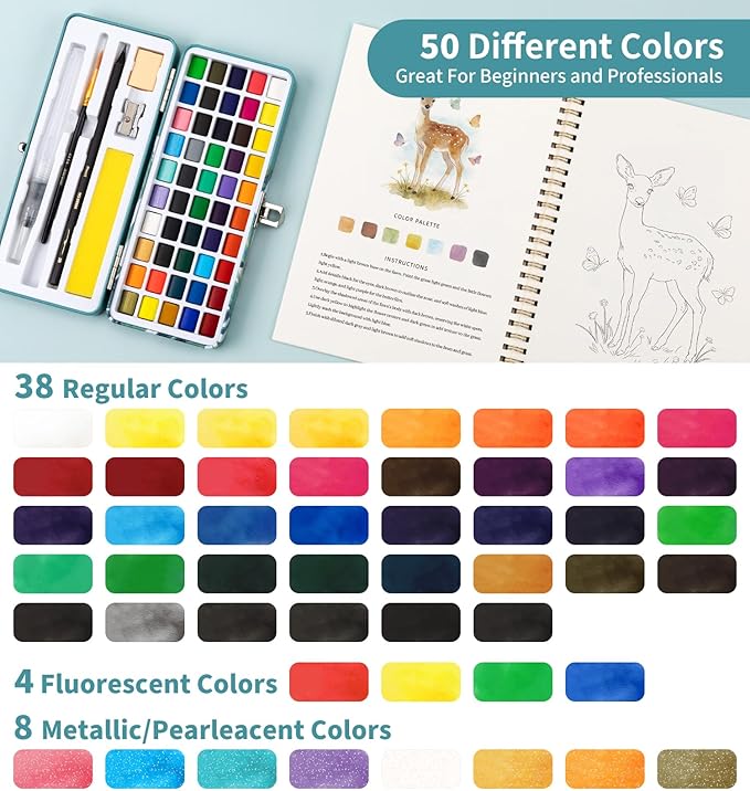 Watercolor Workbook Animals, Water Coloring Book, 12 Different Patterns of Original DIY Designs, 50 Colors Watercolor Paint Set with Palette and Brush, Beginner-Friendly Watercolor Workbooks (Animals)
