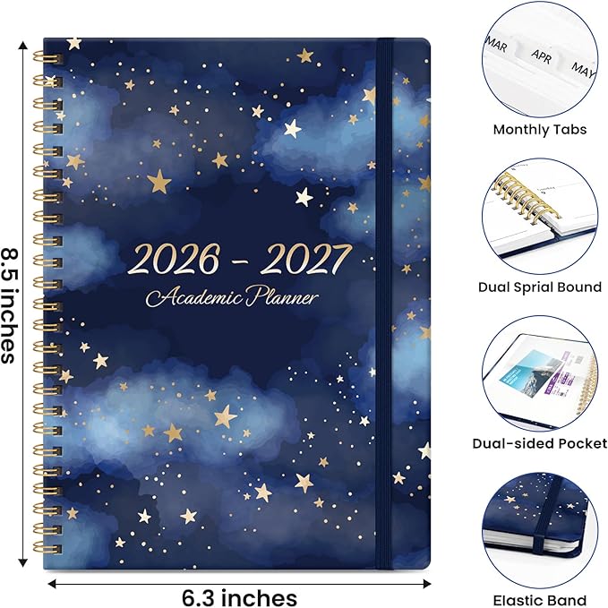 Planner 2026-2027, Monthly and Weekly Academic Planner July 2026 - June 2027, Hardcover Student Teacher Planning Agenda Calendar Book with Tabs, Perfect for Office School Supplies, A4 (8.5" x 11") - Starry Night