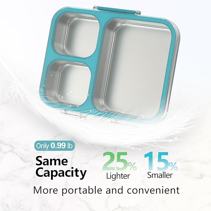 HOMEKOL Stainless Steel Bento Lunch Box, 3-Compartment Leak-Proof Metal Lunch Container for Kids & Adults, BPA-Free, Dishwasher Safe, Clear Tritan Lid, 4.2Cups/1000ml Blue (Not Insulated)