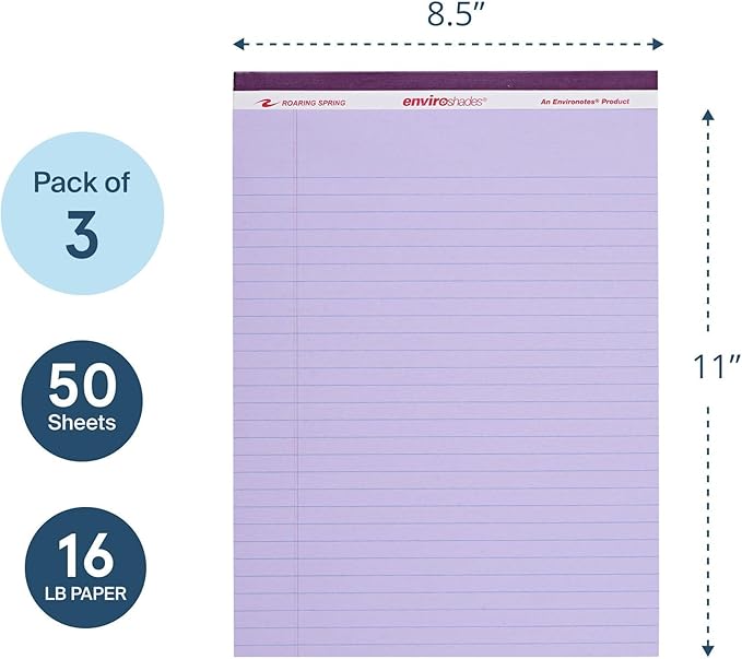 ROARING SPRING Enviroshades Orchid Legal Pads, 3 Pack, Legal Ruled Recycled Colored Writing Note Pads, 8.5" x 11", 50 Sheets, Perforated Paper, Made in USA, Memo Pad For School & Office