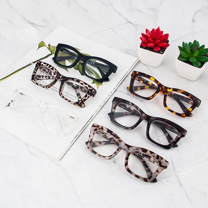 REAVEE 6 Pack Reading Glasses for Women Blue Light Blocking, Cute Square Computer Readers with Spring Hinge