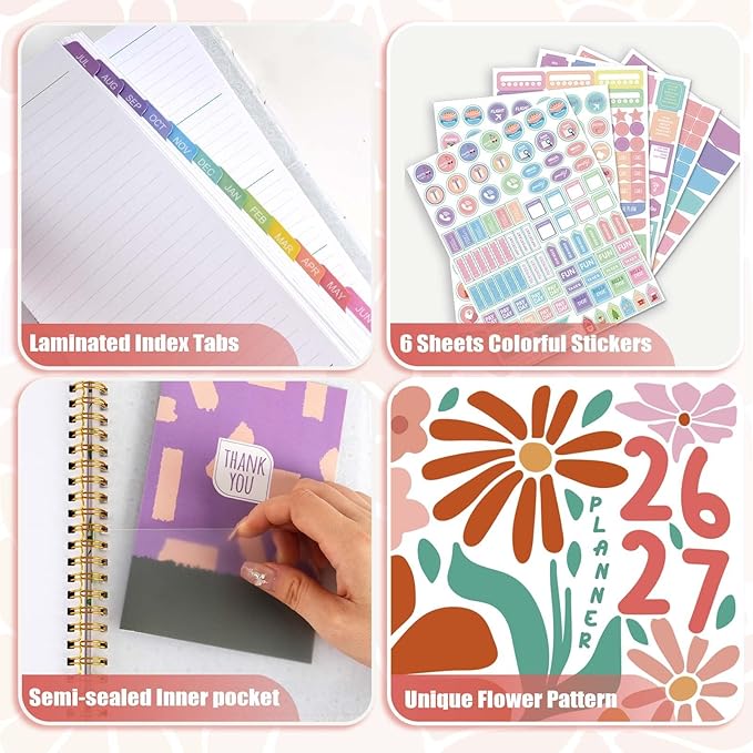 GuassLee Academic Planner 2026-2027 form July 2026 to June 2027, A5 Size, Weekly and Monthly Planner 2026 with Hard Cover Laminated Tabs, Storage Pocket Includes Stickers for Office School Supplies