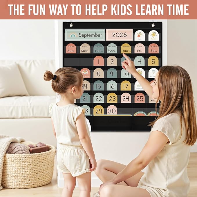 Classroom Monthly Calendar Pocket Chart for Kids Learning, 105 Cards Black Wall Calendar and Weather, Teacher Supplies for Kindergarten Preschool Elementary Homeschool Must Have