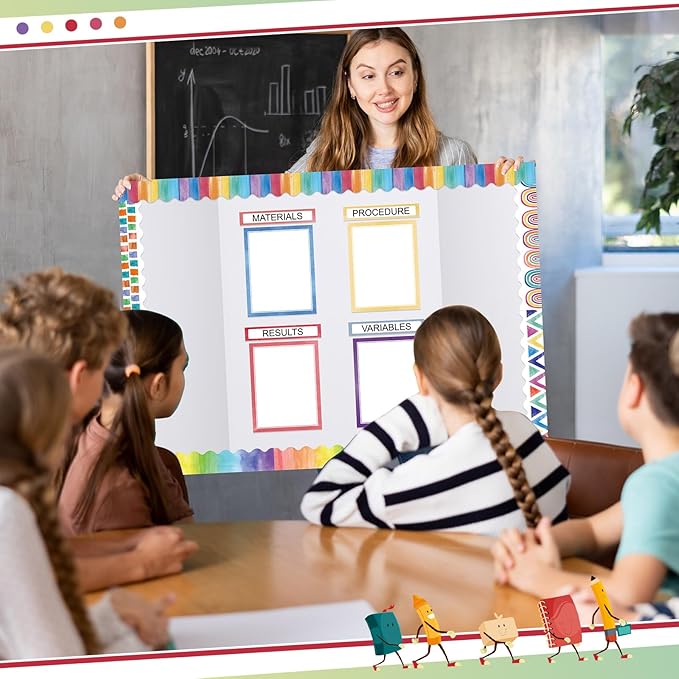 Fuyoooo 90 Pcs Science Fair Board Supplies 60 Trim Scalloped Bulletin Board Borders 24 Presentation Board Subtitles 6 Science Fair Titles for Classroom Display Boards (Watercolor)