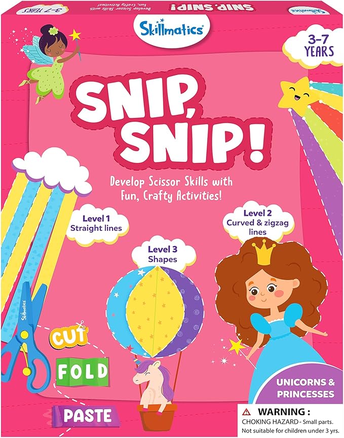 Skillmatics Scissor Skills Activity Book - Snip Snip Unicorns & Princesses, 25 Cutting & Creative Activities for Preschoolers, 2 Child-Safe Scissors, Felt Craft Kit, Screen-Free Fun, Gift for Ages 3-7