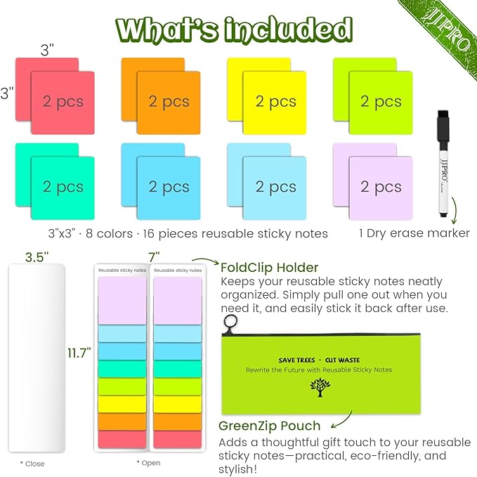 JJPRO Dry Erase Sticky Notes - Reusable Whiteboard Stickers 8 Colors 3"x3"-16 Pack. Suitable for All Smooth Surface.Great for Labels, Lists, Reminders and Decals-Washable,Removable