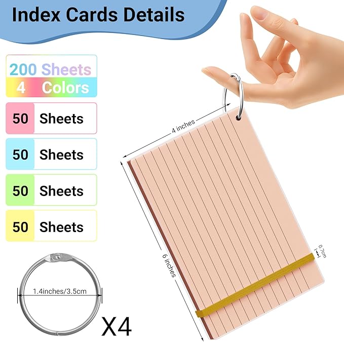 HAUTOCO 200 PCS Colored Flash Cards 4x6 with Rings, Ruled Index Cards with Waterproof Dividers, 4 Colors Study Notecards for Students, Teachers, Exam Prep, Office