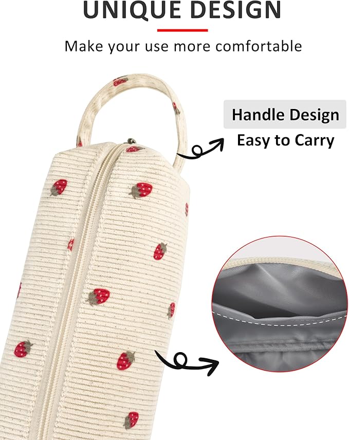 Fmeida Pencil Case Pouch - Soft Corduroy Pencil Pouch Cute Pencil Bag Aesthetic Office Supplies Stationery Pouch with Handle - Strawberry