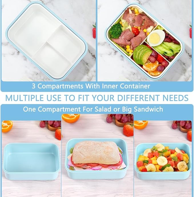 Bento Boxes for Adults - 1100 ML Lunch Box Container For Kids Women With Built-in Spoon & Fork - Durable for On-the-Go Meal, BPA-Free and Food-Safe Materials（Light Blue）