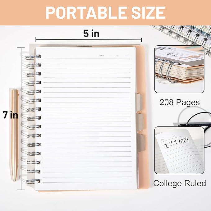 FLYING EAGLE Small 5 Subject Notebook College Ruled Spiral Notebook 5x7 with Dividers Tabs Waterproof Plastic Cover Thick Paper Notebooks for Work School, Orange