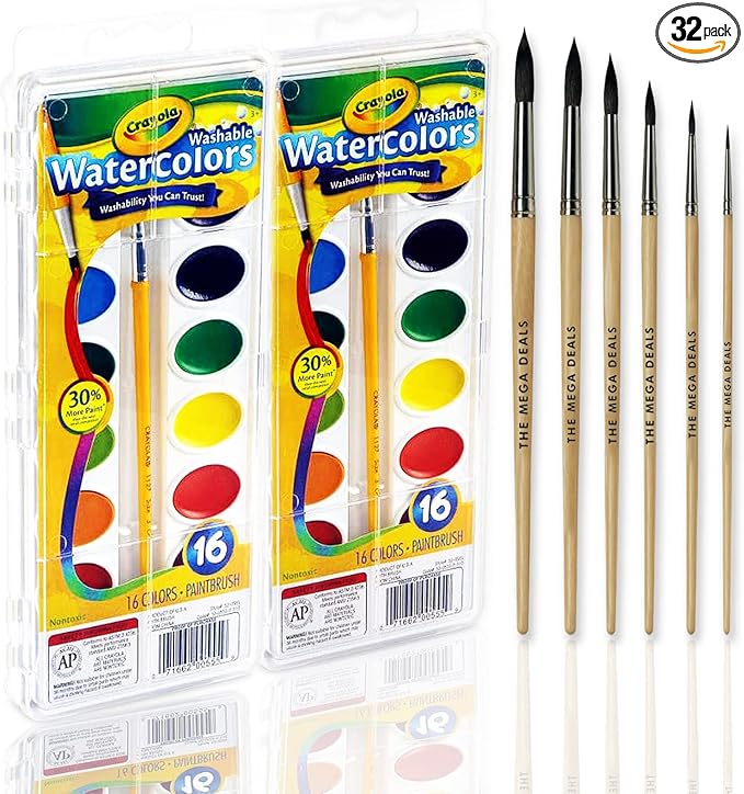 Watercolor Paint Set - 2 Packs of 16 Vivid Colors Watercolor Paint and 6 Paintbrushes for Kids Watercolors Supplies Set - Ultimate Gifting Bundle Water Color Painting Kids