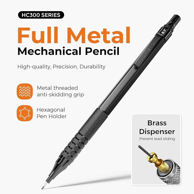 Four Candies 2PCS 0.5mm & 0.7 mm Metal Mechanical Pencils Set, 360PCS Lead Refills, 12 Erasers, Cool Lead Pencil with Case for School Writing, Sketching, Technical Work, Art Projects, Black | 360PCS HB Lead Refills, 3 Erasers, 9 Eraser Refills, for Sch...