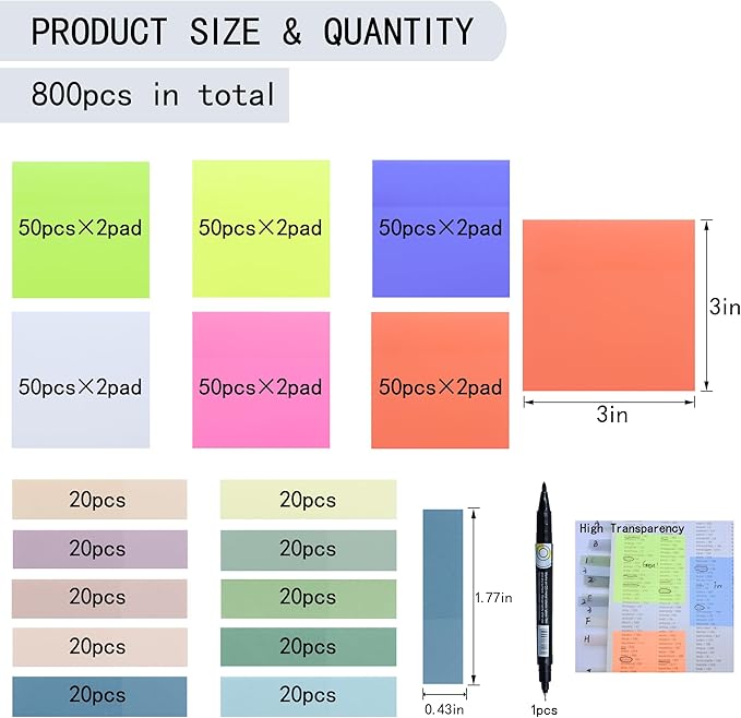 YOUDEFUL 800Pcs Transparent Sticky Notes, 3"x3" Clear Sticky Notes, Waterproof Translucent Sticky Note Pads for Books Annotation, Clear Post it Notes for Bible Study, School, Office