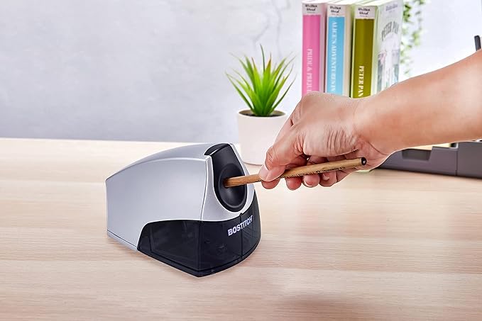 Bostitch Office Electric Pencil Sharpener for Classroom & Desk Use, Heavy-Duty Stall-Free Motor, High-Capacity Shavings Tray, Silver
