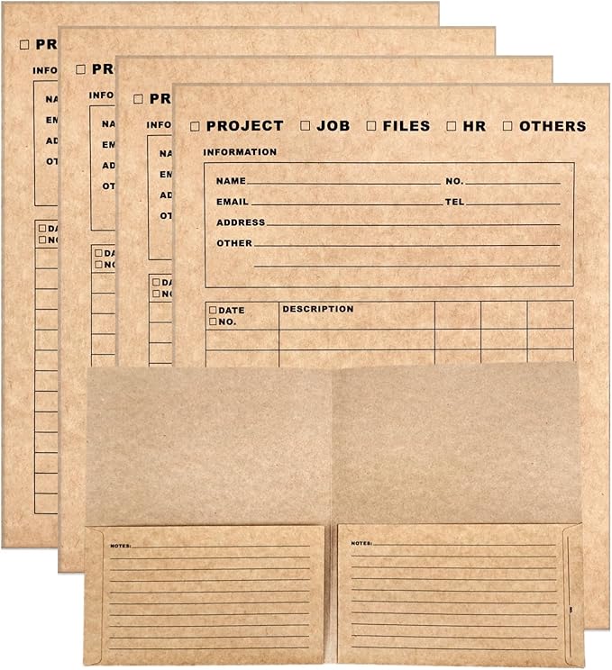 Heavy-Duty Kraft File Folders - 2-Pocket Pre-Printed Multi-Purpose Organizer with Fill-in Blanks & 5-Column Tracking Log | Job/Project/HR/Files | 9.4"x11.5" Pack of 4