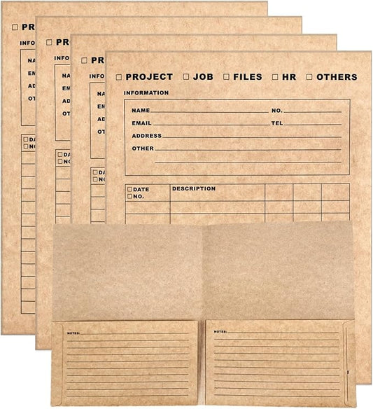 Heavy-Duty Kraft File Folders - 2-Pocket Pre-Printed Multi-Purpose Organizer with Fill-in Blanks & 5-Column Tracking Log | Job/Project/HR/Files | 9.4"x11.5" Pack of 4