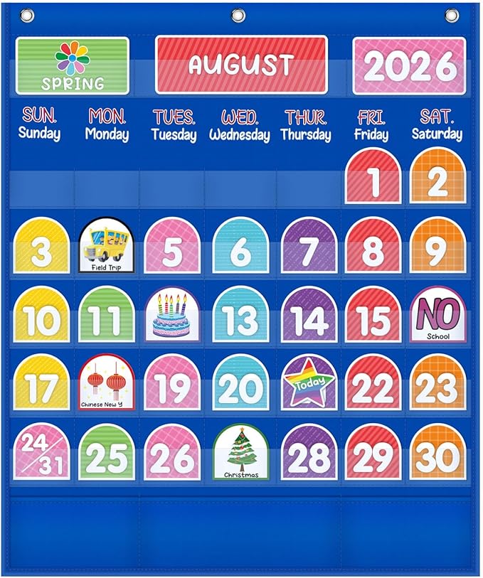 Mewise Monthly Calendar Pocket Chart with 92 Activity Cards for Kids,Simplified Calendar Pocket Chart for Kids Easy Learning,Classroom/Teacher Must Have Supplies/School Decor (Blue English)
