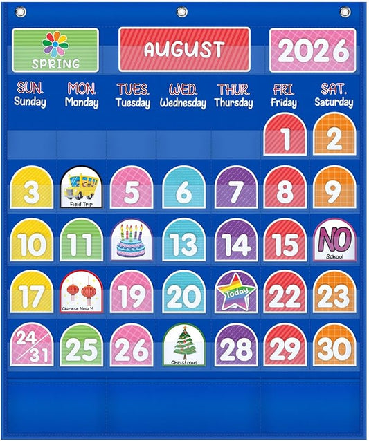 Mewise Monthly Calendar Pocket Chart with 92 Activity Cards for Kids,Simplified Calendar Pocket Chart for Kids Easy Learning,Classroom/Teacher Must Have Supplies/School Decor (Blue English)