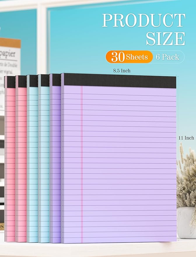 Zaviko Colored Legal Pads 8.5 x 11, 6 Pack Writing Pads 8.5 x 11, Note Pads 8.5x11 College Ruled, Easy Tear-Off Colored Note Pads, 30 Sheets/Pack, Lined Paper Pads 8-1/2 x 11 for Office Supplies