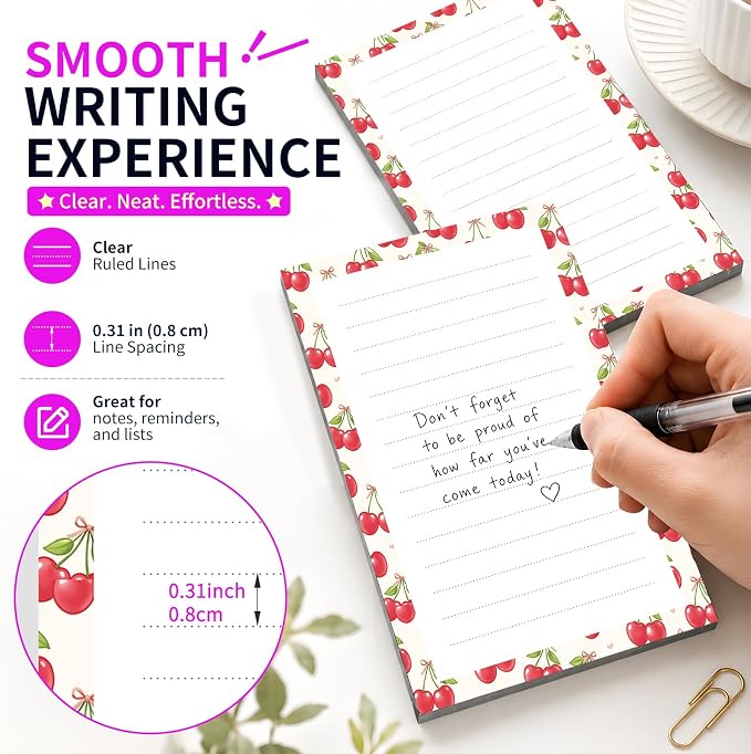 Lined Sticky Notes 4x6 in, 2 Pack Large Cute Notepads with Lines Self-Stick Note Pad, Funny Memo Pads Strong Adhesive for Office, Home Cute Red Cherry