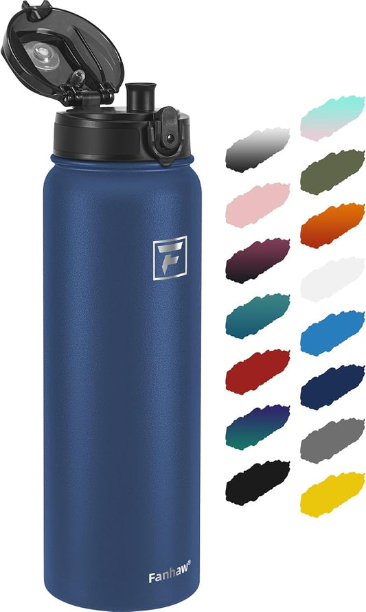Fanhaw 32 oz Insulated Stainless Steel Water Bottle with Anti-Dust Chug Lid, Leakproof Vacuum Sports Bottle for Kids, Teens & Adults, Back to School Essentials (Navy Blue)