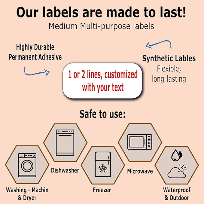 75 Personalized Waterproof Name Labels. Press and Stick Multi use Custom Name Labels. Customized 2 Lines of Text and Color. ID Identification Name Stickers with Permanent Self Adhesive.