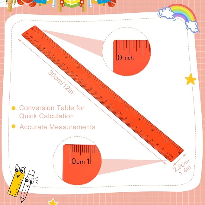 EBOOT 2 Pack Plastic Ruler Straight Ruler Plastic Measuring Tool for Student School Office(Red,12 Inch)
