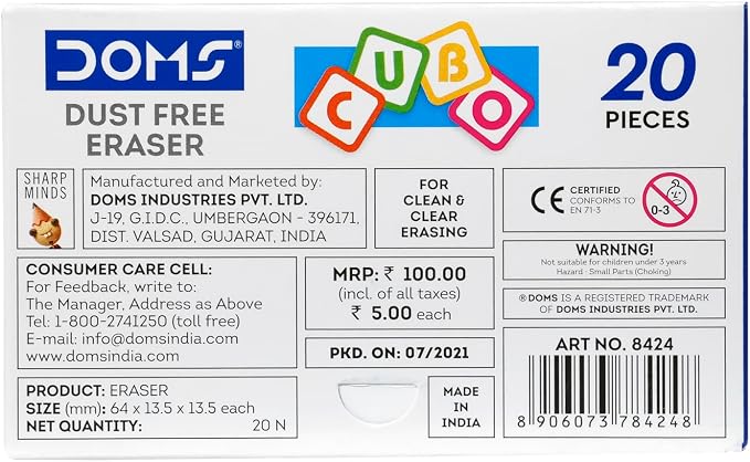 Doms Dust Free Cubo Eraser Box Pack | Comfortable Edge for Easy Handling | Non-Toxic & Safe for Kids | Attractive Body Colors | Pack of 20 Pcs