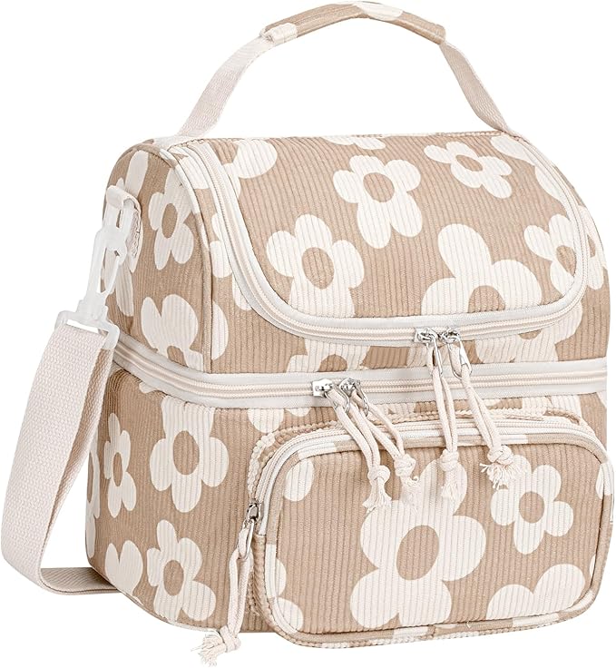 HowFly Lunch Bag for Women Insulated Lunch Boxes Corduroy Resuable Double Deck Lunch Box for Girls Teens Kigs Boys Portable Thermal Cooler Bags for School Work, Khaki Flower