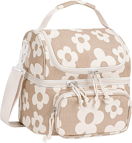 HowFly Lunch Bag for Women Insulated Lunch Boxes Corduroy Resuable Double Deck Lunch Box for Girls Teens Kigs Boys Portable Thermal Cooler Bags for School Work, Khaki Flower