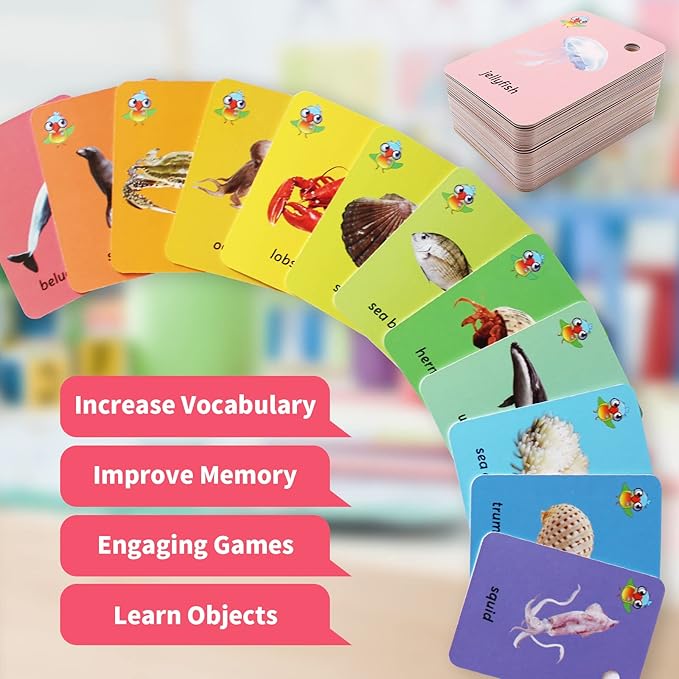 52 Pcs Preschool Ocean Animal Flash Card,Sight Words with Picture Toddler Marine Animals Flash Cards for Kids Learning Activities with Ring(Marine Animals)