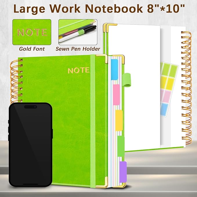 Hardcover Spiral Notebooks for Work 8''x 10'', 300 Pages 5 Subject Notebook with Dividers & Tabs, B5 Spiral Journal for Women, College Ruled Notebooks for School Note-Taking (Avocado Green)