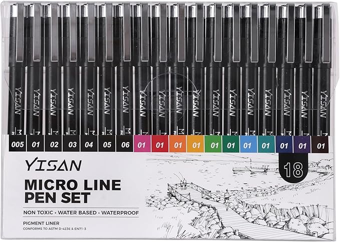 YISAN 18-Pack Colored Drawing Markers for Artists,Fineliner Pens,Micro-line Pens,11 Waterproof Archival Ink Colors Felt Tip & 7 Black,70344