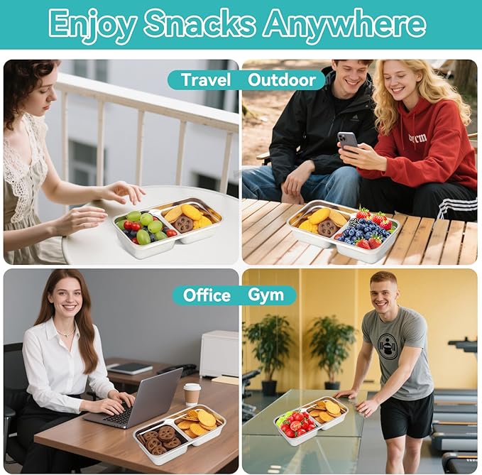 Stainless Steel Snack Containers, 4 Pack Grab and Go Snack Containers Reusable, Double Compartment Food Storage Containers with Lids, Lunch Box Containers for Travel, Outdoor Camping and Daily Use