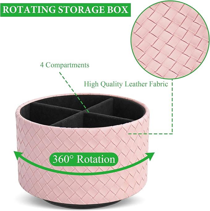 Round Leather Art Supply Organizer,Remote Control Holder,360 Degree Spinning,Multi-Functional Pencil Holder,4 Compartments Desktop Stationary Organizer(1-Weave Pink)