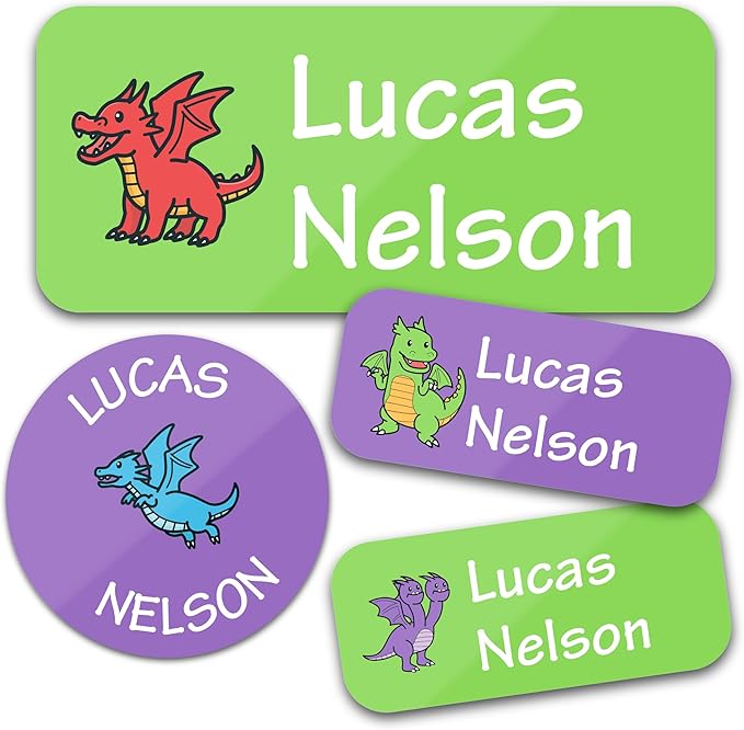 Bunny Badges Personalized Daycare Name Labels for Kids (130 Labels) - Custom Waterproof Name Stickers for Clothing Tags, Water Bottles, Lunch Boxes and School Supplies (Dragons)