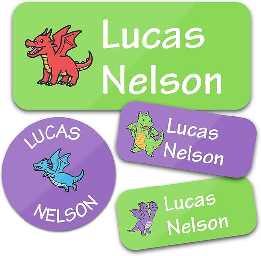 Bunny Badges Personalized Daycare Name Labels for Kids (130 Labels) - Custom Waterproof Name Stickers for Clothing Tags, Water Bottles, Lunch Boxes and School Supplies (Dragons)