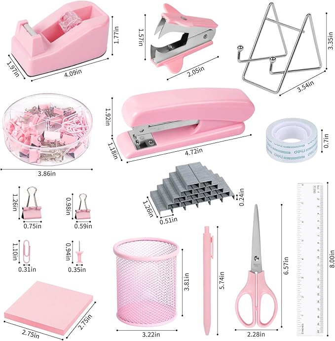 Pink Office Desk Accessories and Organizers, Office Supplies for Desk for Women, Stapler, 1000 Staples, Staple Remover, Phone Holder, Tape Dispenser, Pen Holder, Sticky Note, Clips, Ruler, Etc